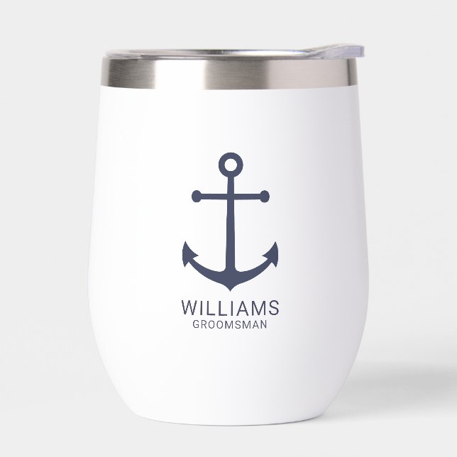 Nautical Navy Blue Anchor Personalized Groomsmen Thermal Wine Tumbler (Left)