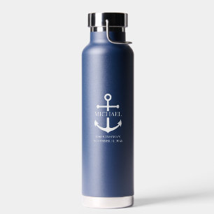 Nautical Navy Blue Anchor Personalized Groomsmen Water Bottle