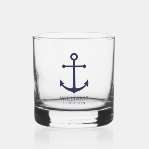 Nautical Navy Blue Anchor Personalized Groomsmen Whiskey Glass