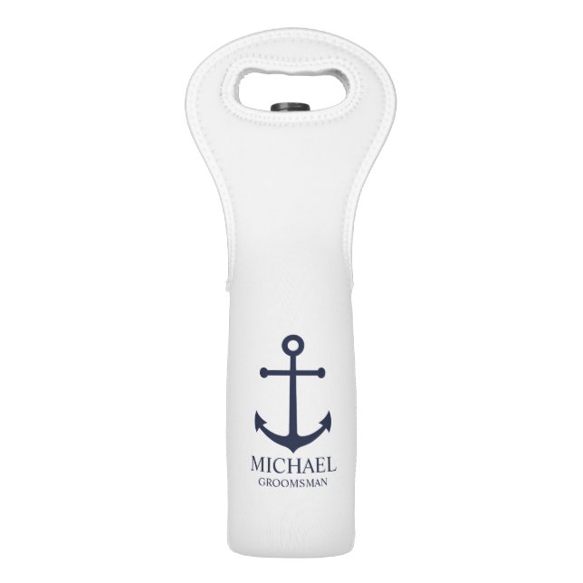 Nautical Navy Blue Anchor Personalized Groomsmen Wine Bag (Front)