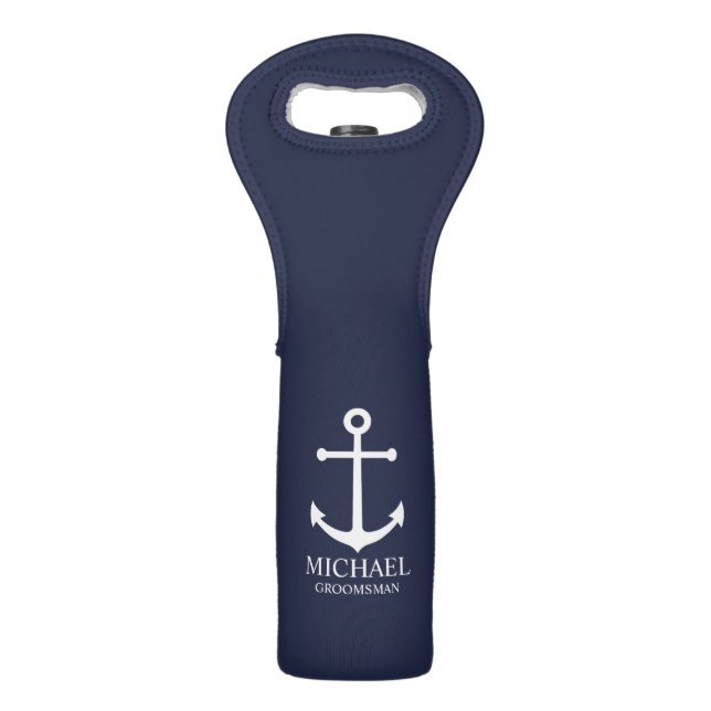 Nautical Navy Blue Anchor Personalized Groomsmen Wine Bag (Front)