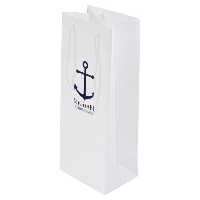 Nautical Navy Blue Anchor Personalized Groomsmen Wine Gift Bag (Front Angled)