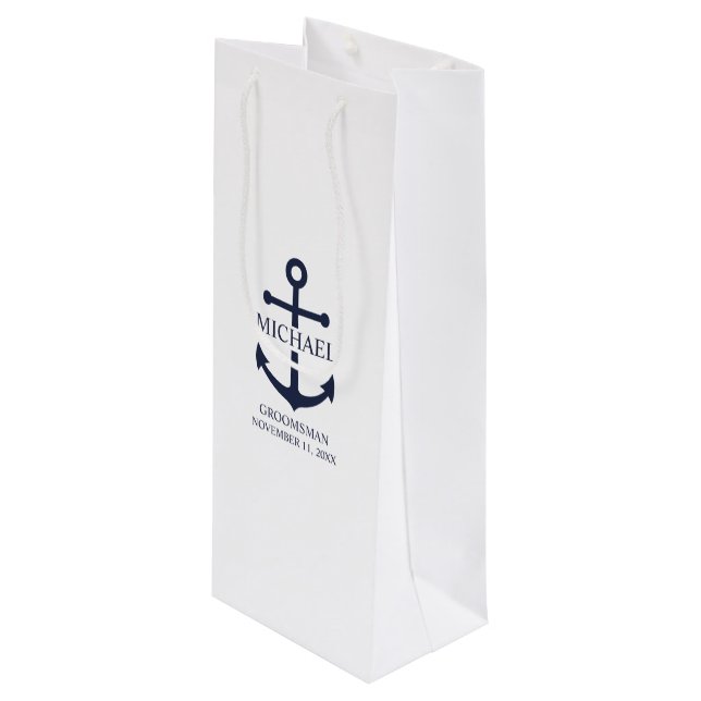 Nautical Navy Blue Anchor Personalized Groomsmen Wine Gift Bag (Front Angled)
