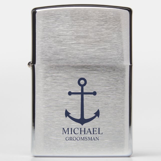 Nautical Navy Blue Anchor Personalized Groomsmen Zippo Lighter (Front)