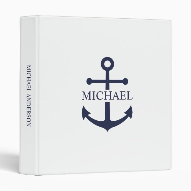 Nautical Navy Blue Anchor Personalized Name 3 Ring Binder (Front/Spine)