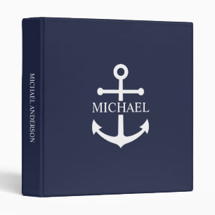 Nautical Navy Blue Anchor Personalized Name 3 Ring Binder