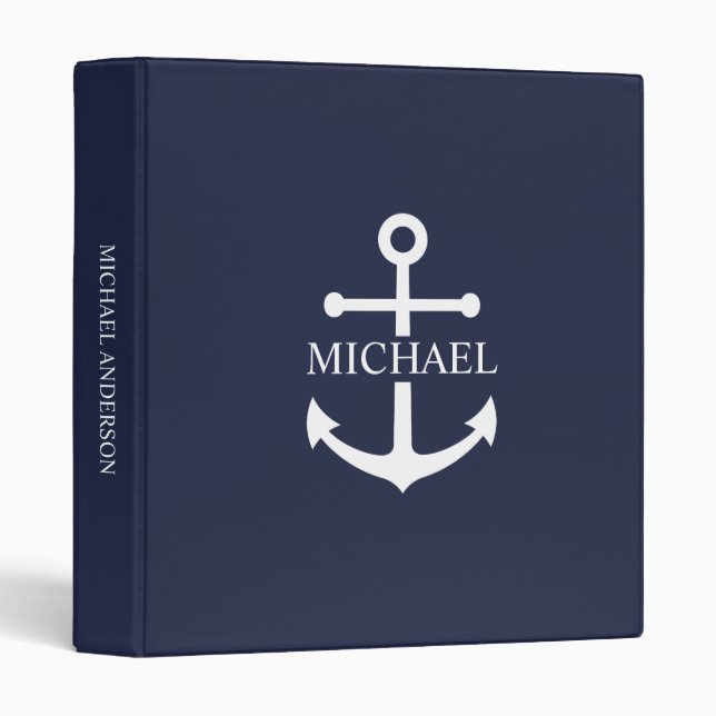 Nautical Navy Blue Anchor Personalized Name 3 Ring Binder (Front/Spine)