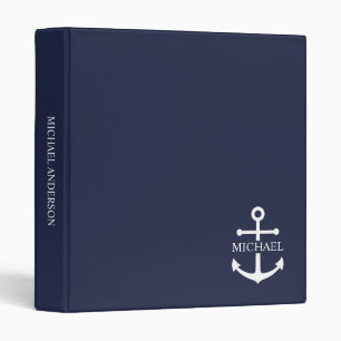 Nautical Navy Blue Anchor Personalized Name 3 Ring Binder