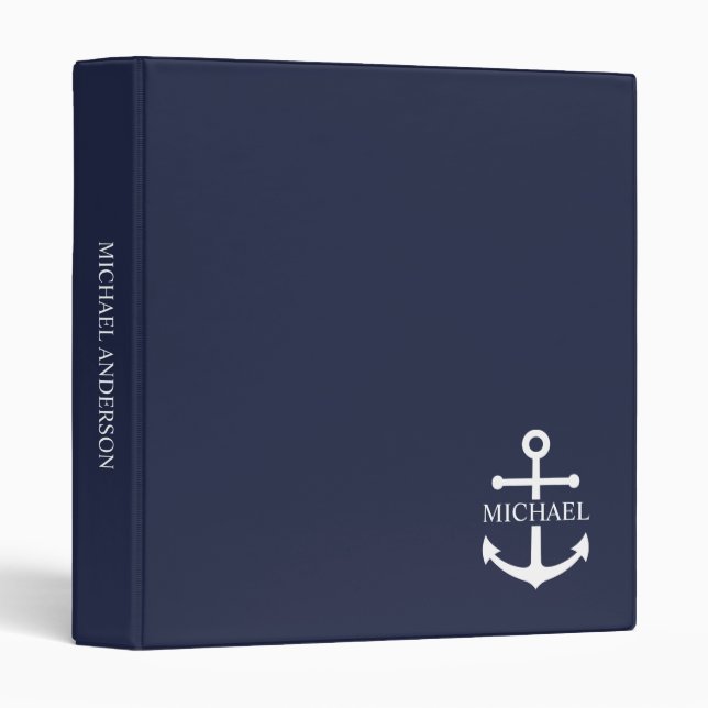 Nautical Navy Blue Anchor Personalized Name 3 Ring Binder (Front/Spine)