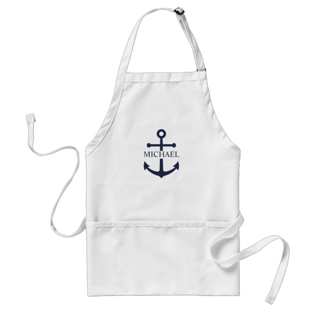 Nautical Navy Blue Anchor Personalized Name Adult Apron (Front)