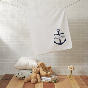 Nautical Navy Blue Anchor Personalized Name Baby Blanket