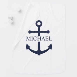 Nautical Navy Blue Anchor Personalized Name Baby Blanket
