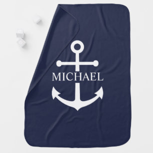 Nautical Navy Blue Anchor Personalized Name Baby Blanket