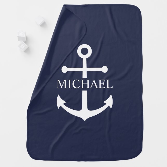 Nautical Navy Blue Anchor Personalized Name Baby Blanket (In Situ)