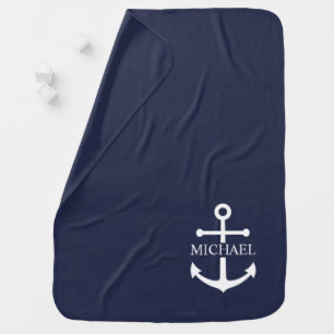 Nautical Navy Blue Anchor Personalized Name Baby Blanket