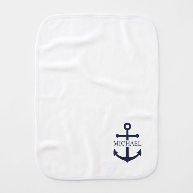 Nautical Navy Blue Anchor Personalized Name Baby Burp Cloth (Front)