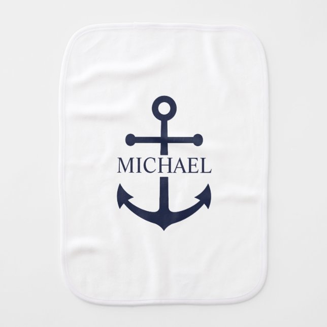 Nautical Navy Blue Anchor Personalized Name Baby Burp Cloth (Front)