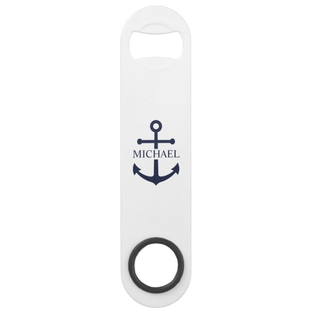 Nautical Navy Blue Anchor Personalized Name Bar Key (Front)