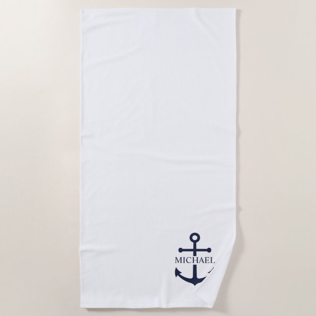 Nautical Navy Blue Anchor Personalized Name Beach Towel (Front)