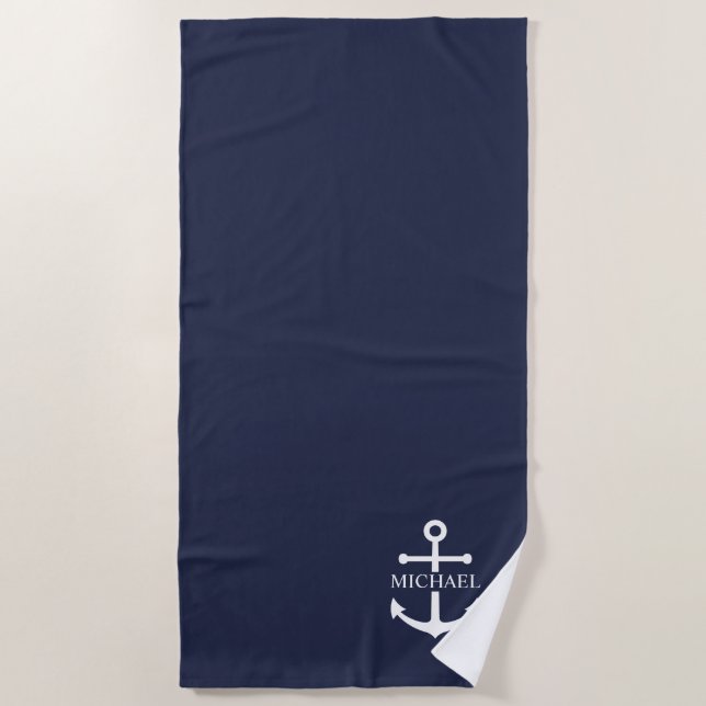 Nautical Navy Blue Anchor Personalized Name Beach Towel (Front)