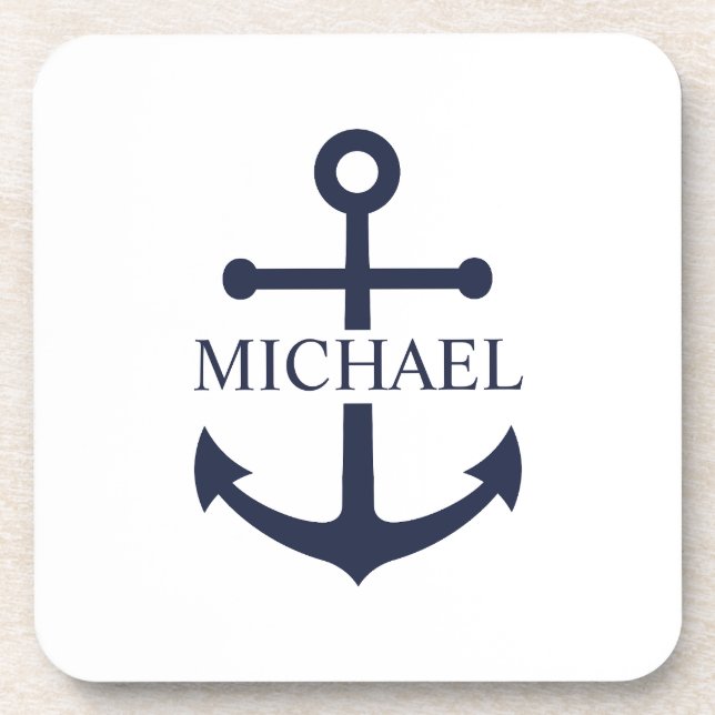 Nautical Navy Blue Anchor Personalized Name Beverage Coaster (Front)