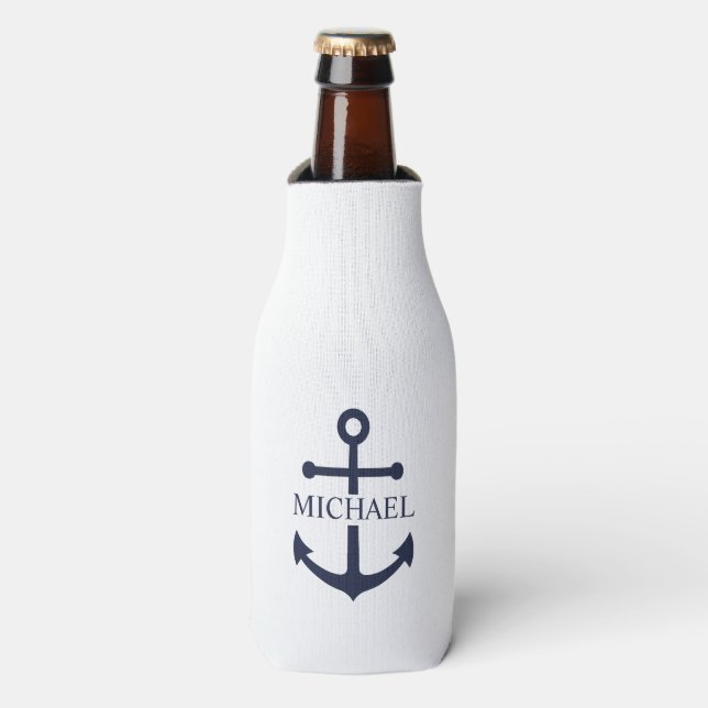 Nautical Navy Blue Anchor Personalized Name Bottle Cooler (Bottle Front)