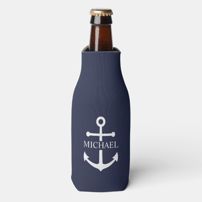 Nautical Navy Blue Anchor Personalized Name Bottle Cooler (Bottle Front)
