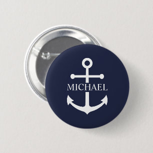 Nautical Navy Blue Anchor Personalized Name Button