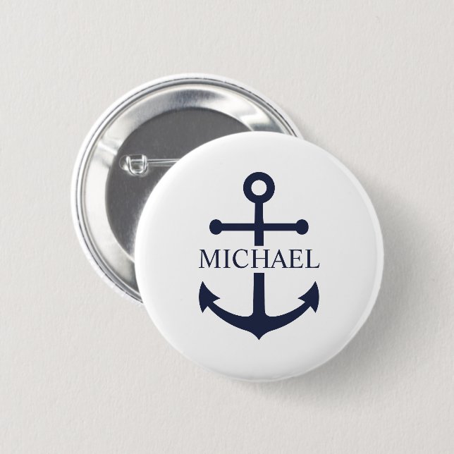 Nautical Navy Blue Anchor Personalized Name Button (Front & Back)