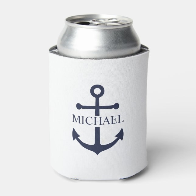 Nautical Navy Blue Anchor Personalized Name Can Cooler (Can Front)