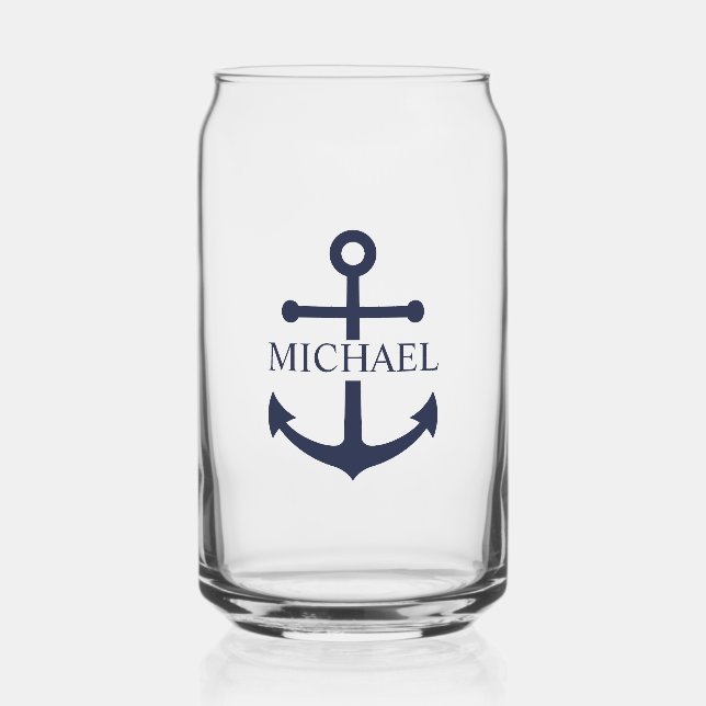 Nautical Navy Blue Anchor Personalized Name Can Glass (Front)