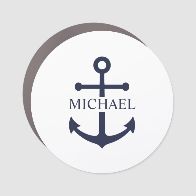 Nautical Navy Blue Anchor Personalized Name Car Magnet (Front)