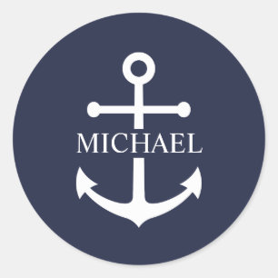 Nautical Navy Blue Anchor Personalized Name Classic Round Sticker