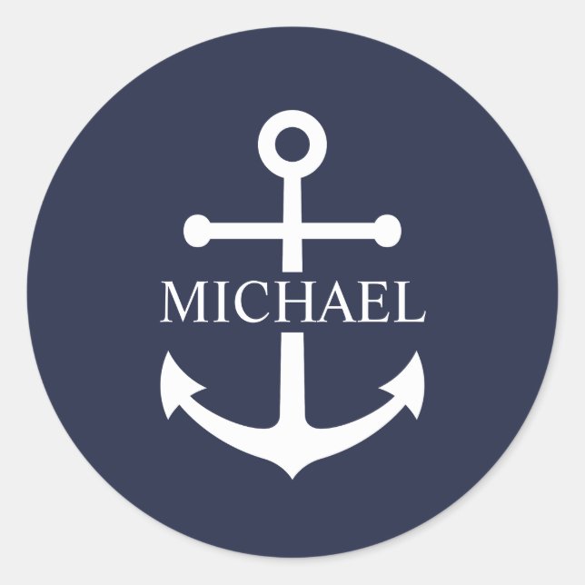 Nautical Navy Blue Anchor Personalized Name Classic Round Sticker (Front)