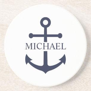 Nautical Navy Blue Anchor Personalized Name Coaster
