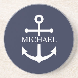 Nautical Navy Blue Anchor Personalized Name Coaster