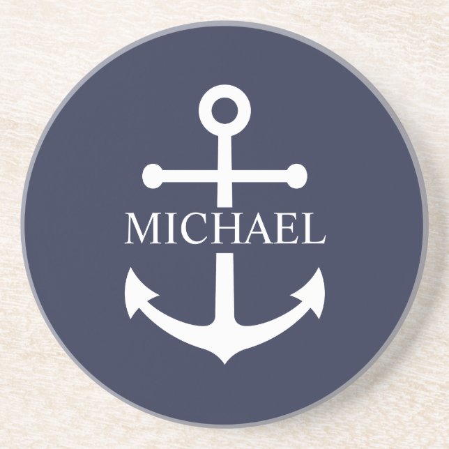 Nautical Navy Blue Anchor Personalized Name Coaster