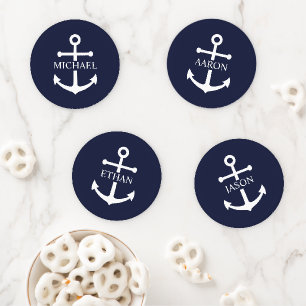 Nautical Navy Blue Anchor Personalized Name Coaster Set