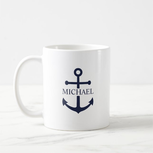 Nautical Navy Blue Anchor Personalized Name Coffee Mug (Left)