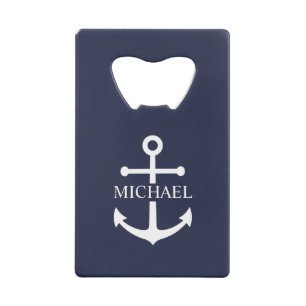 Nautical Navy Blue Anchor Personalized Name Credit Card Bottle Opener