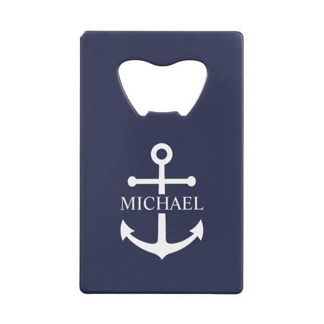 Nautical Navy Blue Anchor Personalized Name Credit Card Bottle Opener (Front)