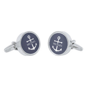 Nautical Navy Blue Anchor Personalized Name Cufflinks