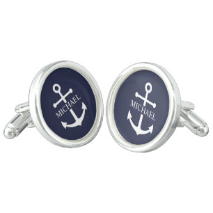 Nautical Navy Blue Anchor Personalized Name Cufflinks