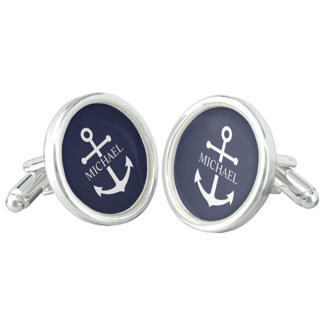 Nautical Navy Blue Anchor Personalized Name Cufflinks (Angled)