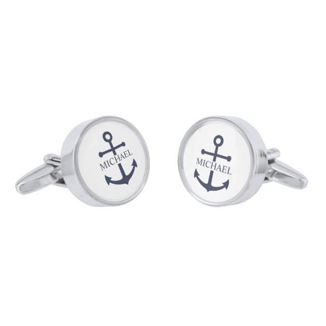 Nautical Navy Blue Anchor Personalized Name Cufflinks (Angled)