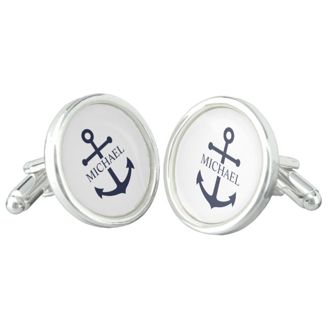 Nautical Navy Blue Anchor Personalized Name Cufflinks (Angled)