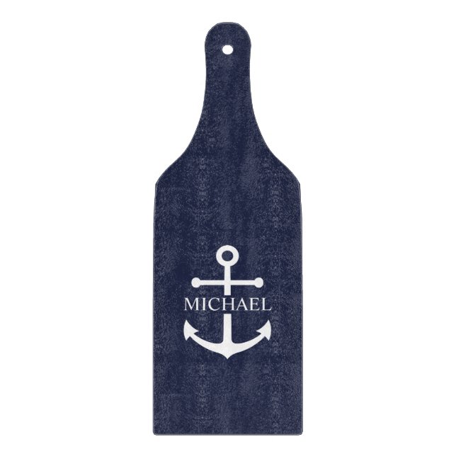 Nautical Navy Blue Anchor Personalized Name Cutting Board (Front)