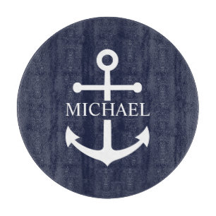 Nautical Navy Blue Anchor Personalized Name Cutting Board