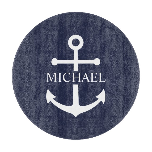 Nautical Navy Blue Anchor Personalized Name Cutting Board (Front)