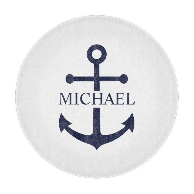 Nautical Navy Blue Anchor Personalized Name Cutting Board (Front)